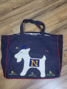 Vtg Denim Embroidered Navy Goat  Tote Bag
